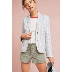 Anthropologie CARTONNIER Linen Stripe Blazer Blue White Academia Preppy Size 6
